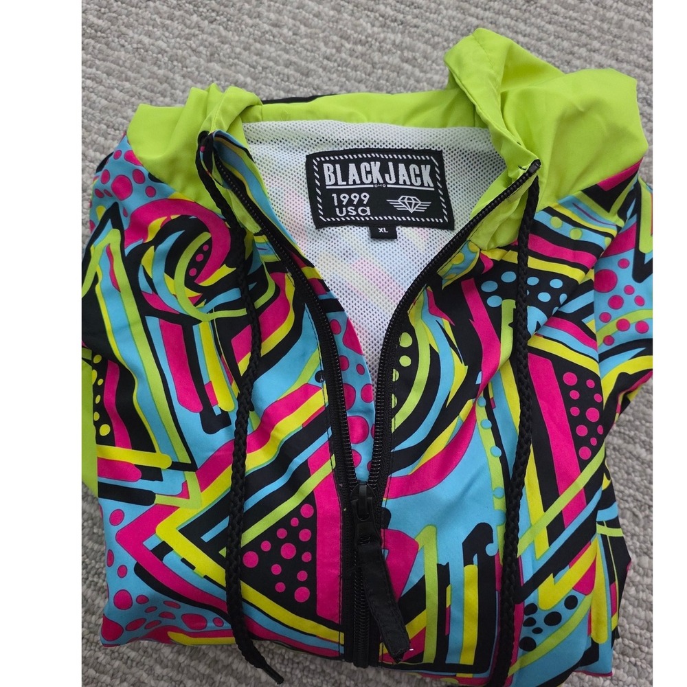 Black Jack 1999 USA Neon Geometric 90s Retro Windbreaker Jacket Mens XL NWT